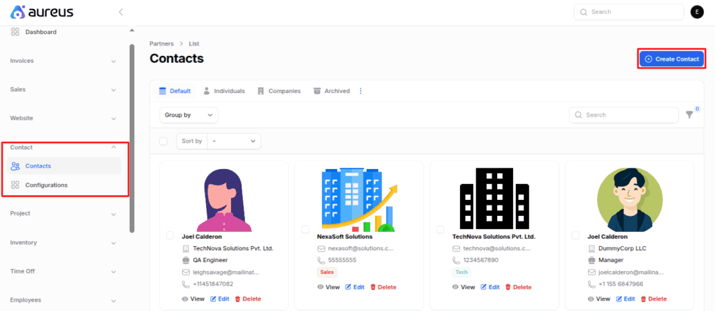  dashboard Contact hub Aureus erp