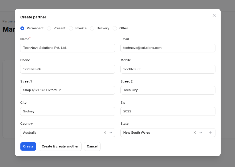 create parntner in contact hub aureuserp