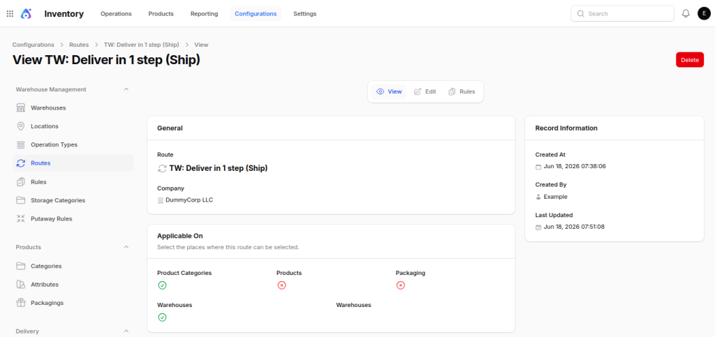 Routes view page